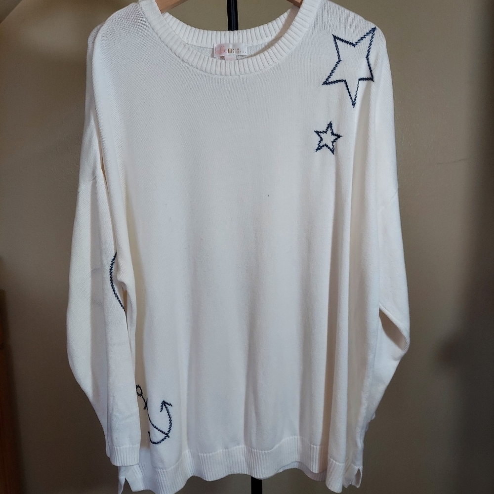 Belle by Kim Gravel Drop It Like It's Yacht Sweater Sz 2X   hearts stars Anchor